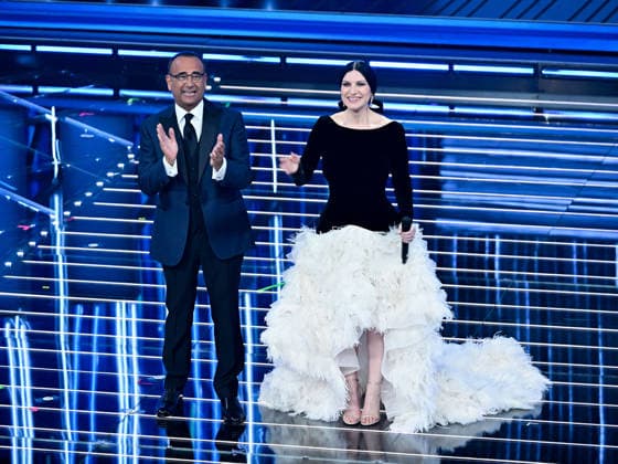 Sanremo, 76th Italian Song Festival. Third Night. Pictured: Laura Pausini and Carlo Conti.  Copyright: xMaurizioxD Avanzox xipa-agency.netx xPoolxSanremox02x IPA_Agency_IPA72064557