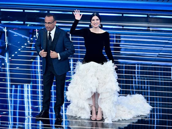 Sanremo, 76th Italian Song Festival. Third Night. Pictured: Laura Pausini and Carlo Conti.  Copyright: xMaurizioxD Avanzox xipa-agency.netx xPoolxSanremox02x IPA_Agency_IPA72064559