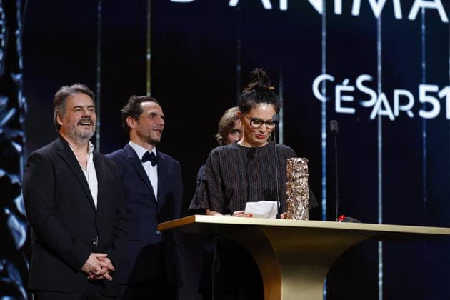 51st Cesar Ceremony Director Sandra Desmazières with the Best Animated Short Film Cesar Award for Movie ‘Fille De L’eau’ during 51st Cesar Film Awards held at l Olympia on February 26, 2026, in Paris, France. Photo by Nasser Berzane ABACAPRESS.COM Paris France  Copyright: xBerzanexNasser ABACAx