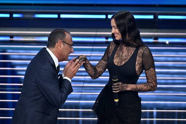 Photo IPP Felice De Martino Sanremo 26 02 2026 76th Italian Song Festival In the photo Irina Shayk , Carlo Conti Italy Photo Press World Copyright