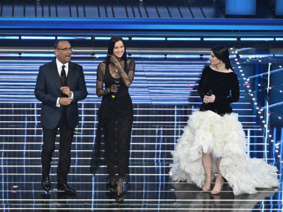 Sanremo, 76th Italian Song Festival - third evening. Pictured: Carlo Conti, Irina Shayk, Laura Pausini  Copyright: xAlbertoxTerenghix xPoolxSanremox02x xipa-agency.netx xPoolxSanremox02x IPA_Agency_IPA72066435
