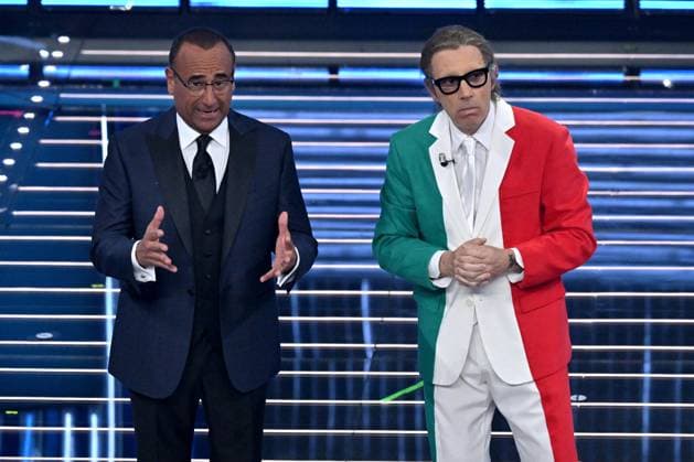 Photo IPP Felice De Martino Sanremo 26 02 2026 76th Italian Song Festival In the photo Carlo Conti with Lapo Elkann Ubaldo Pantani Italy Photo Press World Copyright