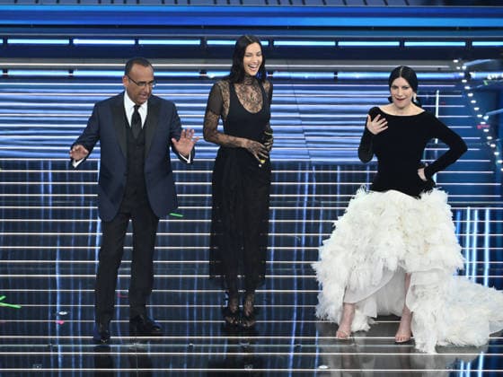 Sanremo, 76th Italian Song Festival - third evening. Pictured: Carlo Conti, Irina Shayk, Laura Pausini  Copyright: xAlbertoxTerenghix xPoolxSanremox02x xipa-agency.netx xPoolxSanremox02x IPA_Agency_IPA72066446