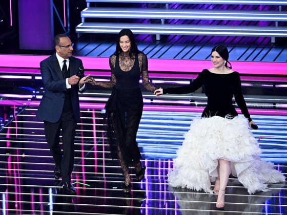 Sanremo, 76th Italian Song Festival. Third Night. Pictured: Irina Shayk, Carlo Conti, Laura Pausini  Copyright: xMaurizioxD Avanzox xipa-agency.netx xPoolxSanremox02x IPA_Agency_IPA72066556