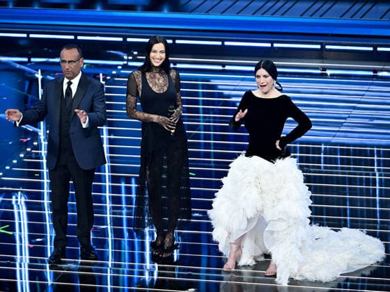 Sanremo, 76th Italian Song Festival. Third Night. Pictured: Irina Shayk, Carlo Conti, Laura Pausini  Copyright: xMaurizioxD Avanzox xipa-agency.netx xPoolxSanremox02x IPA_Agency_IPA72066560