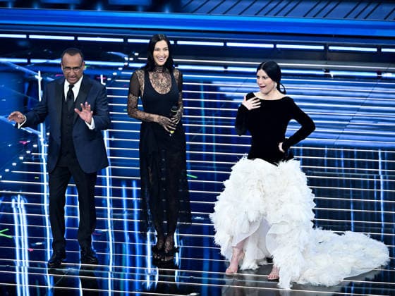 Sanremo, 76th Italian Song Festival. Third Night. Pictured: Irina Shayk, Carlo Conti, Laura Pausini  Copyright: xMaurizioxD Avanzox xipa-agency.netx xPoolxSanremox02x IPA_Agency_IPA72066563