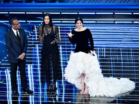 Sanremo, 76th Italian Song Festival. Third Night. Pictured: Irina Shayk, Carlo Conti, Laura Pausini  Copyright: xMaurizioxD Avanzox xipa-agency.netx xPoolxSanremox02x IPA_Agency_IPA72066575