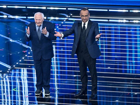 Sanremo, 76th Italian Song Festival. Third Night. Pictured: Mogol and Carlo Conti.  Copyright: xMaurizioxD Avanzox xipa-agency.netx xPoolxSanremox02x IPA_Agency_IPA72066914