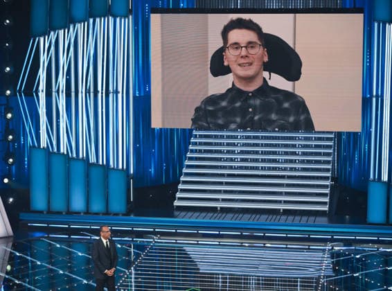 February 26, 2026, Sanremo, ITALY: Sanremo Festival host and artistic director Carlo Conti and Paolo Sarullo on the screen on stage at the Ariston theatre during the 76th edition of the Sanremo Italian Song Festival, in Sanremo, Italy, 26 February 2026. The Music Festival runs from 24 to 28 February 2026. ANSA ETTORE FERRARI Sanremo ITALY  - ZUMAa110 20260226_zaf_a110_180 Copyright: xEttorexFerrarix