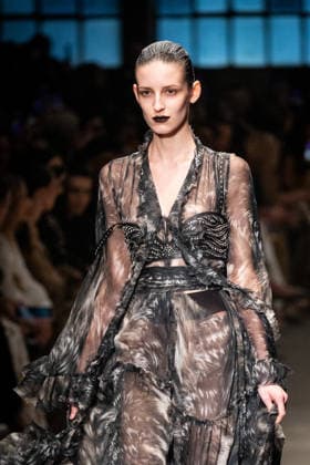 Roberto Cavalli fashion show during the Milan Fashion Week - Womenswear Fall Winter 2026 2027 in Milan, Italy, on 24 February 2026. A model walks the runway at Roberto Cavalli fashion show during the Milan Fashion Week - Womenswear Fall Winter 2026 2027 in Milan, Italy, on 24 February 2026., Credit:Stefano Costantino TTL Avalon Italy, Milan  Copyright: xStefanoxCostantinoxTTLx xAvalonx 1078565099