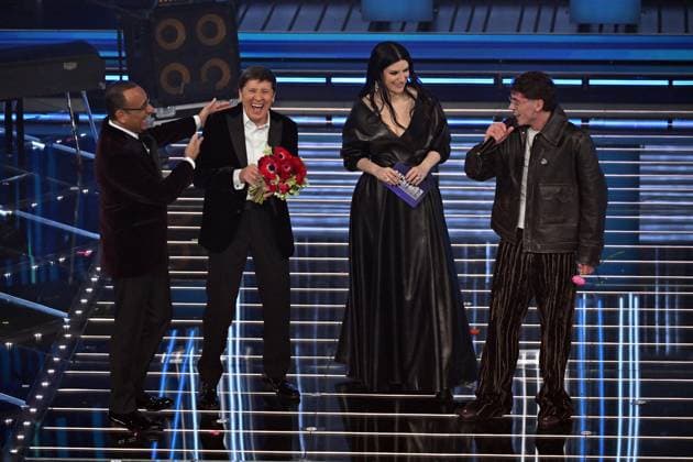 Photo IPP Felice De Martino Sanremo 26 02 2026 76th Italian Song Festival fourth evening evening cover In the photo carlo conti with gianni morandi, laura pausini and thirteen petro Italy Photo Press World Copyright