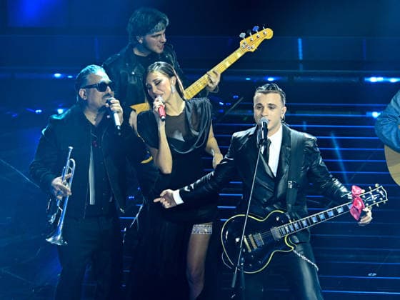 Sanremo, 76th Italian Song Festival. Fourth Evening. Pictured is Samurai Jay with Belén Rodríguez and Roy Paci.  Copyright: xMaurizioxD Avanzox xipa-agency.netx xPoolxSanremox02x IPA_Agency_IPA72127725