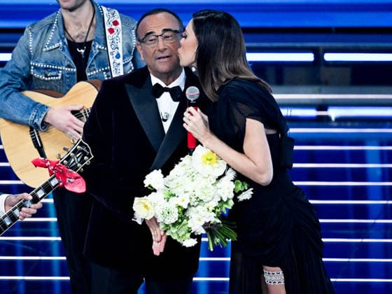 Sanremo, 76th Italian Song Festival. Fourth Evening. Pictured: Samurai Jay with Belén Rodríguez and Roy Paci, Carlo Conti  Copyright: xMaurizioxD Avanzox xipa-agency.netx xPoolxSanremox02x IPA_Agency_IPA72128277