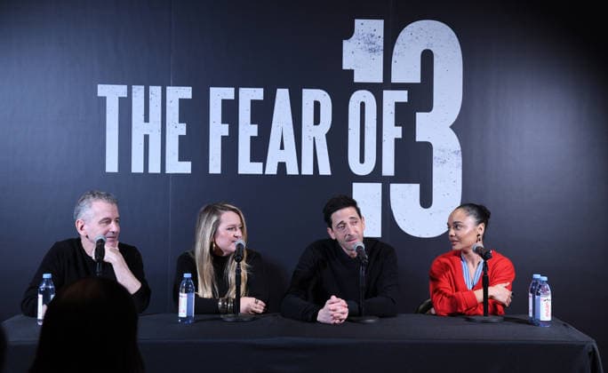 February 27, 2026, New York, Ny, United States: David Cromer, Lindsey Ferrentino, Adrien Brody and Tessa Thompson attend The Fear of 13 Broadway Press Event. Held at James Earl Jones Theatre in New York. Zuma Press February 27, 2026 New York United States  - ZUMAp281 20260227_zea_p281_085 Copyright: xPhotoxImagexPressx