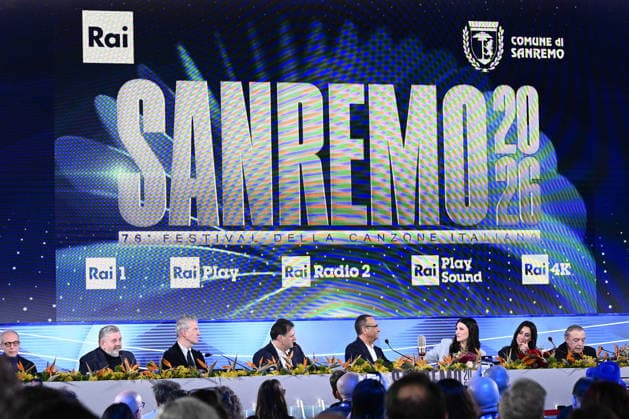 76th Italian Song Festival. Press conference. February 28, 2026, Sanremo. 76th Italian Song Festival. Press conference. Pictured are Carlo Conti, Laura Pausini, Giorgia Cardinaletti, and Nino Frassica., Credit:Maria Laura Antonelli Avalon Italy, Sanremo  Copyright: xMariaxLauraxAntonellix xAvalonx 1078955414