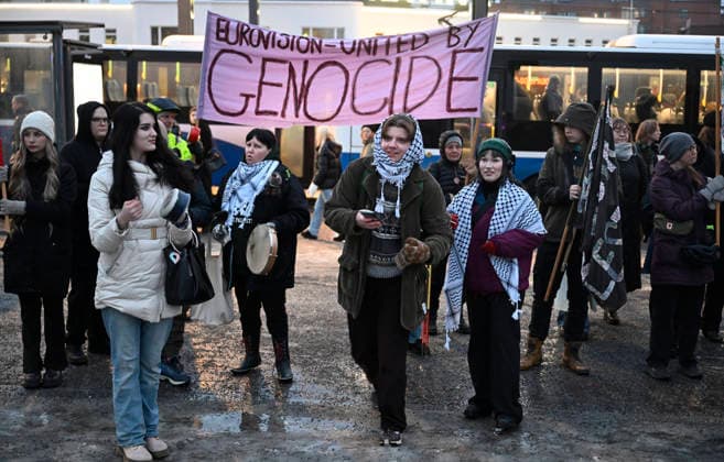 LKS 20260228 Boycott the Eurovision Song Contest & UMK protest takes place in Tampere, Finland, on February 28, 2026. The demonstration is arranged by Tampere with Palestine and Sumud Tampere. Demonstrators demand that Israel must not be allowed to participate in the Eurovision Song Contest. UMK (the Contest for New Music) is a song contest that selects the Finnish representative for the Eurovision Song Contest in Vienna, Austria, in May 2026. - HEIKKI SAUKKOMAA Tampere Finland  Copyright: xHeikkixSaukkomaax XSgWHXS2gLw