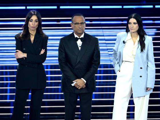Sanremo, 76th Italian Song Festival - fifth final evening. In the photo Giorgia Cardoinaletti, Carlo Conti, Laura Pausini  Copyright: xAlbertoxTerenghix xPoolxSanremox02x xipa-agency.netx xPoolxSanremox02x IPA_Agency_IPA72169512
