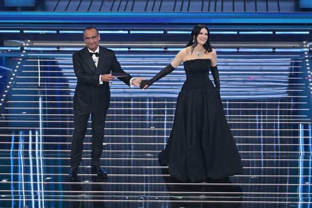Photo IPP Felice De Martino Sanremo 28 02 2026 76th Italian Song Festival final evening In the photo carlo conti and laura pausini Italy Photo Press World Copyright