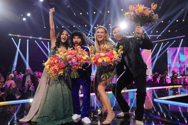 SUNDSVALL, SWEDEN 20260228 Finalists Meira Omar through the final qualifying round, Lilla Al Fadji Felipe Fille Leiva Wenger, Sanna Nielsen and Robin Bengtsson through the final qualifying round on stage after round 5 of Melodifestivalen 2026 in Gärdehov Arena in Sundsvall SUNDSVALL SWEDEN x11900x  Copyright: xPärxBäckström TTx MELODIFESTIVALEN 2026 SUNDSVALL PRgk1geoJG0