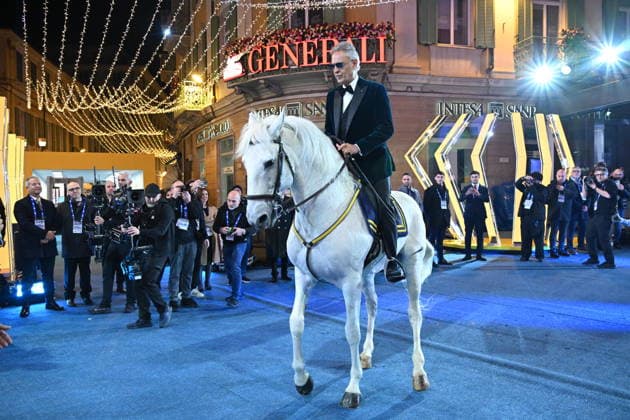 Sanremo, 76th Italian Song Festival. Fifth Final Night - Andrea Bocelli arrives at the Ariston Theater astride a white horse. Photo: Andrea Bocelli  Copyright: xManuelexMangiarottix xipa-agency.netx xPoolxSanremox02x IPA_Agency_IPA72177415