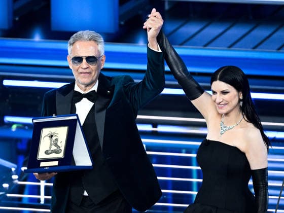 Sanremo, 76th Italian Song Festival. Fifth Final Night. Pictured: Andrea Bocelli, Carlo Conti, and Laura Pausini.  Copyright: xMaurizioxD Avanzox xipa-agency.netx xPoolxSanremox02x IPA_Agency_IPA72178978