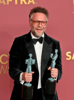 Seth Rogen, winner of the Outstanding Performance by an Ensemble in a Comedy Series Award (and Outstanding Performance by a Female Actor in a Comedy Series on behalf of Catherine O Hara) for The Studio, appears backstage during the 32nd annual SAG Awards held at the Shrine Auditorium in Los Angeles on Sunday, March 1, 2026.  LAP20260301871 JIMxRUYMEN