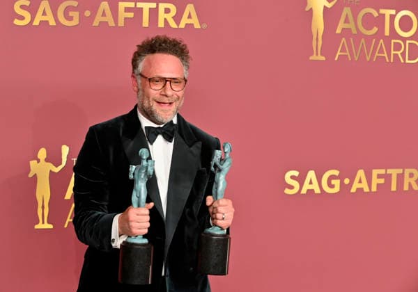 Seth Rogen, winner of the Outstanding Performance by an Ensemble in a Comedy Series Award (and Outstanding Performance by a Female Actor in a Comedy Series on behalf of Catherine O Hara) for The Studio, appears backstage during the 32nd annual SAG Awards held at the Shrine Auditorium in Los Angeles on Sunday, March 1, 2026.  LAP20260301872 JIMxRUYMEN
