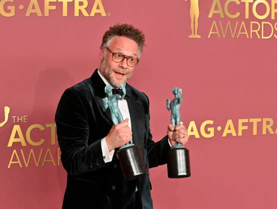 Seth Rogen, winner of the Outstanding Performance by an Ensemble in a Comedy Series Award (and Outstanding Performance by a Female Actor in a Comedy Series on behalf of Catherine O Hara) for The Studio, appears backstage during the 32nd annual SAG Awards held at the Shrine Auditorium in Los Angeles on Sunday, March 1, 2026.  LAP20260301874 JIMxRUYMEN