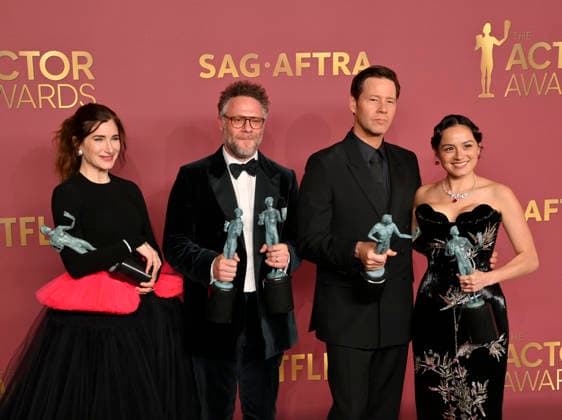Kathryn Hahn, Seth Rogen, Ike Barinholtz, and Chase Sui Wonders, winners of the Outstanding Performance by an Ensemble in a Comedy Series Award (and Outstanding Performance by a Female Actor in a Comedy Series on behalf of Catherine O Hara) for The Studio, appear backstage during the 32nd annual SAG Awards held at the Shrine Auditorium in Los Angeles on Sunday, March 1, 2026.  LAP20260301895 JIMxRUYMEN
