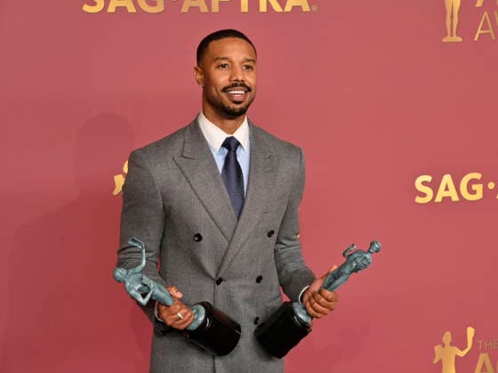 Michael B. Jordan, winner of the Outstanding Performance by a Male Actor in a Leading Role and Outstanding Performance by a Cast in a Motion Picture for Sinners, appears backstage during the 32nd annual SAG Awards held at the Shrine Auditorium in Los Angeles on Sunday, March 1, 2026.  LAP20260301143 JIMxRUYMEN