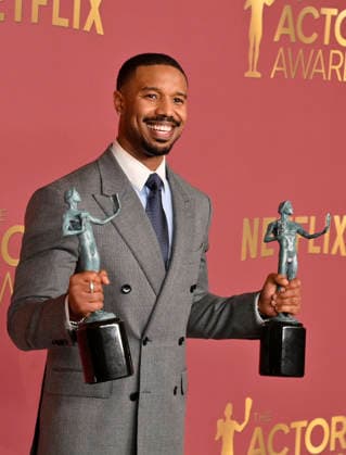 Michael B. Jordan, winner of the Outstanding Performance by a Male Actor in a Leading Role and Outstanding Performance by a Cast in a Motion Picture for Sinners, appears backstage during the 32nd annual SAG Awards held at the Shrine Auditorium in Los Angeles on Sunday, March 1, 2026.  LAP20260301144 JIMxRUYMEN