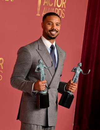 Michael B. Jordan, winner of the Outstanding Performance by a Male Actor in a Leading Role and Outstanding Performance by a Cast in a Motion Picture for Sinners, appears backstage during the 32nd annual SAG Awards held at the Shrine Auditorium in Los Angeles on Sunday, March 1, 2026.  LAP20260301145 JIMxRUYMEN