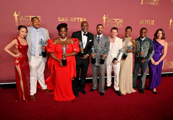 Li Jun Li, Omar Benson Miller, Wunmi Mosaku, Delroy Lindo, Michael B. Jordan, Jack O Connell, Jayme Lawson, Miles Caton, and Lola Kirke, winners of the Outstanding Performance by a Cast in a Motion Picture Award for Sinners, appear backstage during the 32nd annual SAG Awards held at the Shrine Auditorium in Los Angeles on Sunday, March 1, 2026. LAP20260301146 JIMxRUYMEN