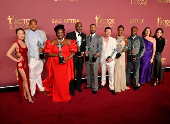 Li Jun Li, Omar Benson Miller, Wunmi Mosaku, Delroy Lindo, Michael B. Jordan, Jack O Connell, Jayme Lawson, Miles Caton, and Lola Kirke, winners of the Outstanding Performance by a Cast in a Motion Picture Award for Sinners, appear backstage during the 32nd annual SAG Awards held at the Shrine Auditorium in Los Angeles on Sunday, March 1, 2026. LAP20260301150 JIMxRUYMEN