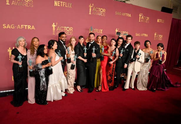 Joanna Going, Krystel V. McNeil, Tracy Vilar, Kristin Villanueva, Brandon Mendez Homer, Taylor Dearden, Fiona Dourif, Noah Wyle, Alexandra Metz, Tracy Ifeachor, Isa Briones, Jalen Thomas Brooks, Patrick Ball, Gerran Howell, Supriya Ganesh and Amielynn Abellera, winners of the Outstanding Performance by an Ensemble in a Drama Series award for The Pitt, appear backstage during the 32nd annual SAG Awards held at the Shrine Auditorium in Los Angeles on Sunday, March 1, 2026. LAP20260301164 JIMxRUYMEN