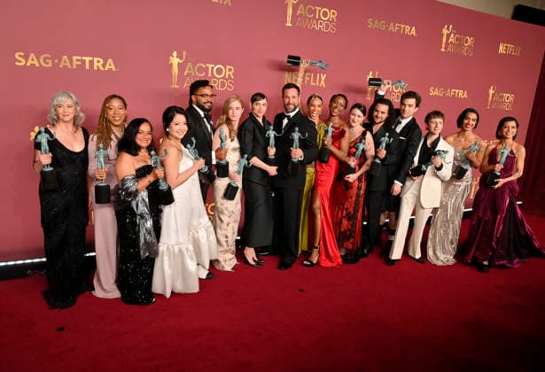 Joanna Going, Krystel V. McNeil, Tracy Vilar, Kristin Villanueva, Brandon Mendez Homer, Taylor Dearden, Fiona Dourif, Noah Wyle, Alexandra Metz, Tracy Ifeachor, Isa Briones, Jalen Thomas Brooks, Patrick Ball, Gerran Howell, Supriya Ganesh and Amielynn Abellera, winners of the Outstanding Performance by an Ensemble in a Drama Series award for The Pitt, appear backstage during the 32nd annual SAG Awards held at the Shrine Auditorium in Los Angeles on Sunday, March 1, 2026. LAP20260301165 JIMxRUYMEN