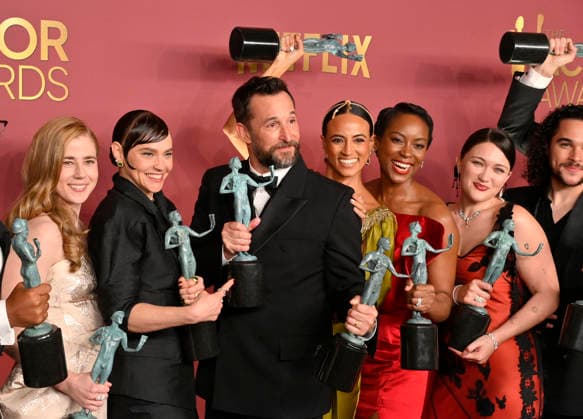 Joanna Going, Krystel V. McNeil, Tracy Vilar, Kristin Villanueva, Brandon Mendez Homer, Taylor Dearden, Fiona Dourif, Noah Wyle, Alexandra Metz, Tracy Ifeachor, Isa Briones, Jalen Thomas Brooks, Patrick Ball, Gerran Howell, Supriya Ganesh and Amielynn Abellera, winners of the Outstanding Performance by an Ensemble in a Drama Series award for The Pitt, appear backstage during the 32nd annual SAG Awards held at the Shrine Auditorium in Los Angeles on Sunday, March 1, 2026. LAP20260301167 JIMxRUYMEN