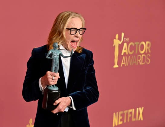 Amy Madigan, winner of the Outstanding Performance by a Female Actor in a Supporting Role award for Weapons, appears backstage during the 32nd annual SAG Awards held at the Shrine Auditorium in Los Angeles on Sunday, March 1, 2026.  LAP20260301180 JIMxRUYMEN