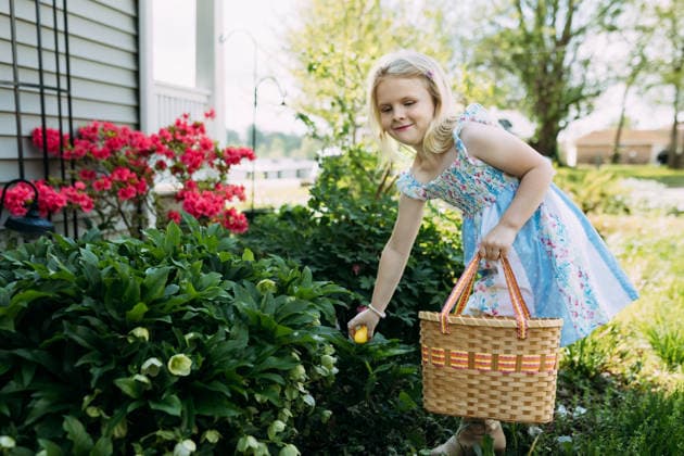 Child holding Easter basket hunting eggs in yard Jackson, Missouri, United States CR_WEKW260301-1975834-01 ,model released, Symbolfoto