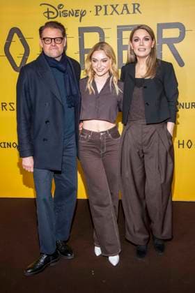 abb Max Giermann, Alina Khani, Martina Hill on the black carpet at the special screening of Hoppers at Zoo Palast Berlin Sunday 01 03 2026 in Berlin Berlin Germany