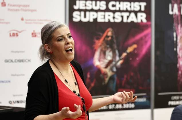 Press conference Domstufenfestspiel Jesus Christ Superstar 02 03 2026, Erfurt, Sparkassen Finanzzentrum, Rotunde, Press conference for the Domstufenfestspiele 2026 Rock Musical Jesus Christ Superstar by Andrew Lloyd Webber and Tim Rice in the picture Katja Bildt will embody Maria