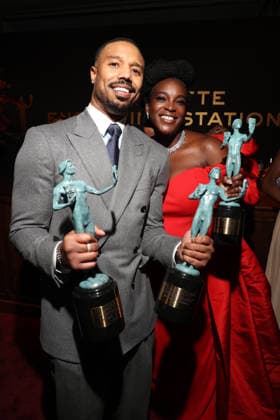 LOS ANGELES, CA - MARCH 1: Michael B. Jordan and Wunmi Mosaku at the 2026 Screen Actors Guild Awards After Party at the Shrine Auditorium in Los Angeles, California on March 1, 2026. Copyright: xWalikxGoshornx