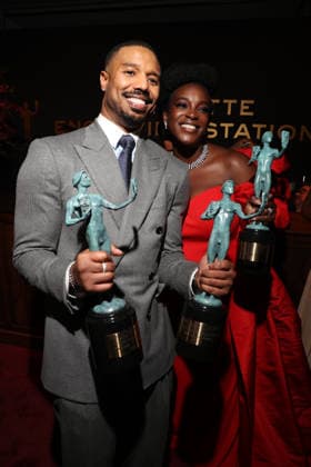 LOS ANGELES, CA - MARCH 1: Michael B. Jordan and Wunmi Mosaku at the 2026 Screen Actors Guild Awards After Party at the Shrine Auditorium in Los Angeles, California on March 1, 2026. Copyright: xWalikxGoshornx