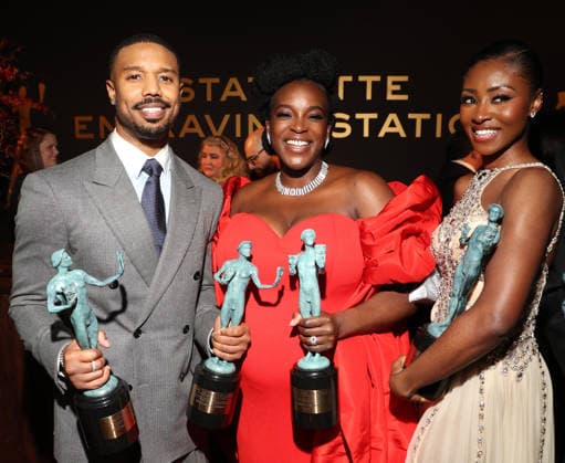 LOS ANGELES, CA - MARCH 1: Michael B. Jordan, Wunmi Mosaku and Jayme Lawson at the 2026 Screen Actors Guild Awards After Party at the Shrine Auditorium in Los Angeles, California on March 1, 2026. Copyright: xWalikxGoshornx