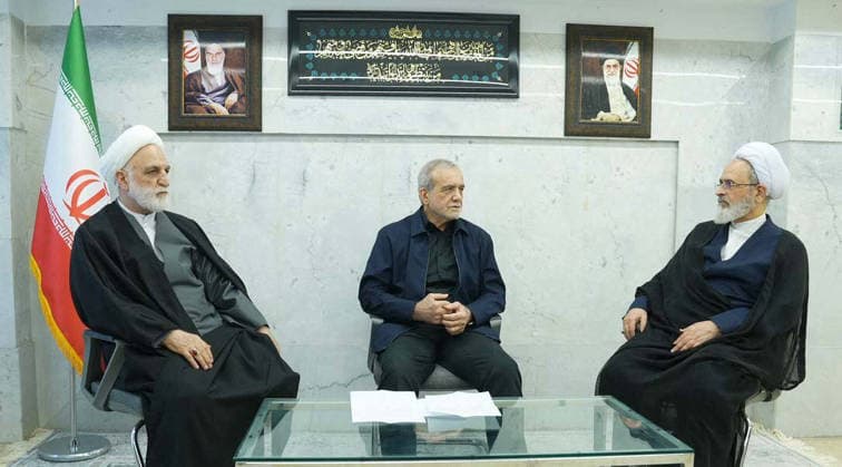 Meeting Of Iranian Interim Leadership Council Takes Place - Tehran A handout photo made available by the state television station, Islamic Republic of Iran Broadcasting News (IRIBNEWS) on March 2, 2026, show The second meeting of the Interim Leadership Council attended by President Masoud Pezhakian (C) Judiciary Chief Gholamhossein Mohseni Ejei (L) and Alireza Aarafi (R), a member of the Guardian Council s jurist, in Tehran. Photo by Parspix ABACAPRESS.COM Tehran Iran  Copyright: xParspix ABACAx