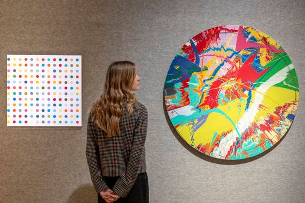March 2, 2026, London, London, UK: LONDON, UK. A staff member with (L) Argininamine by Damien Hirst (Estimate £180,000 - £250,000) and Beautiful, Dental, Brushing, Full Mouth Rehabilitation, Mullish, Thank You Painting by Damien Hirst (Estimate £120,000 - £180,000) at a preview of Bonhams 20th & 21st Century Art sale. Lots will be auctioned at Bonhamsâ€⠢ New Bond Street galleries on 6 March. London UK - ZUMAl94_ 20260302_zaf_l94_024 Copyright: xStephenxChungx