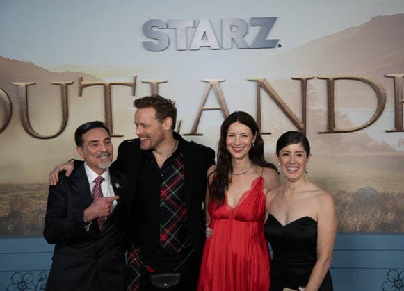 Matthew B. Roberts, Sam Heughan, Caitriona Balfe and Maril Davis arrive on the red carpet at the premiere of Starz Outlander Season 8 at Alice Tully Hall on March 2, 2026 in New York City.  NYP20260302501 SERENAxXUxNING