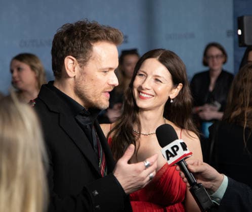Sam Heughan and Caitriona Balfe arrive on the red carpet at the premiere of Starz Outlander Season 8 at Alice Tully Hall on March 2, 2026 in New York City.  NYP20260302502 SERENAxXUxNING