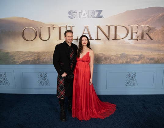Sam Heughan and Caitriona Balfe arrive on the red carpet at the premiere of Starz Outlander Season 8 at Alice Tully Hall on March 2, 2026 in New York City.  NYP20260302517 SERENAxXUxNING