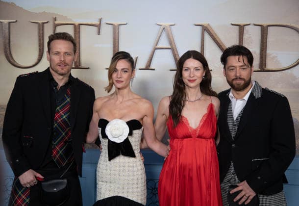Sam Heughan, Sophie Skelton, Caitriona Balfe and Richard Rankin arrive on the red carpet at the premiere of Starz Outlander Season 8 at Alice Tully Hall on March 2, 2026 in New York City.  NYP20260302521 SERENAxXUxNING